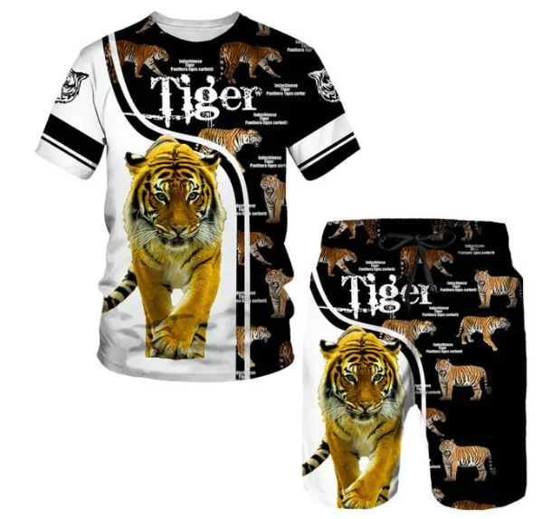 New Summer Men\'s Sets Shorts Outfits 3D Tiger Printed Short Sleeve T-shirt Two Pieces Casual Tracksuit Oversized Beach Sportwear