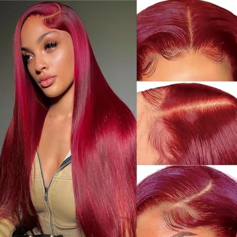 

99j Burgundy 13x4 Full Frontal Lace Brazilian Remy Preplucked Colored Straight Frontal Wigs Transparent Lace Human Hair Wigs