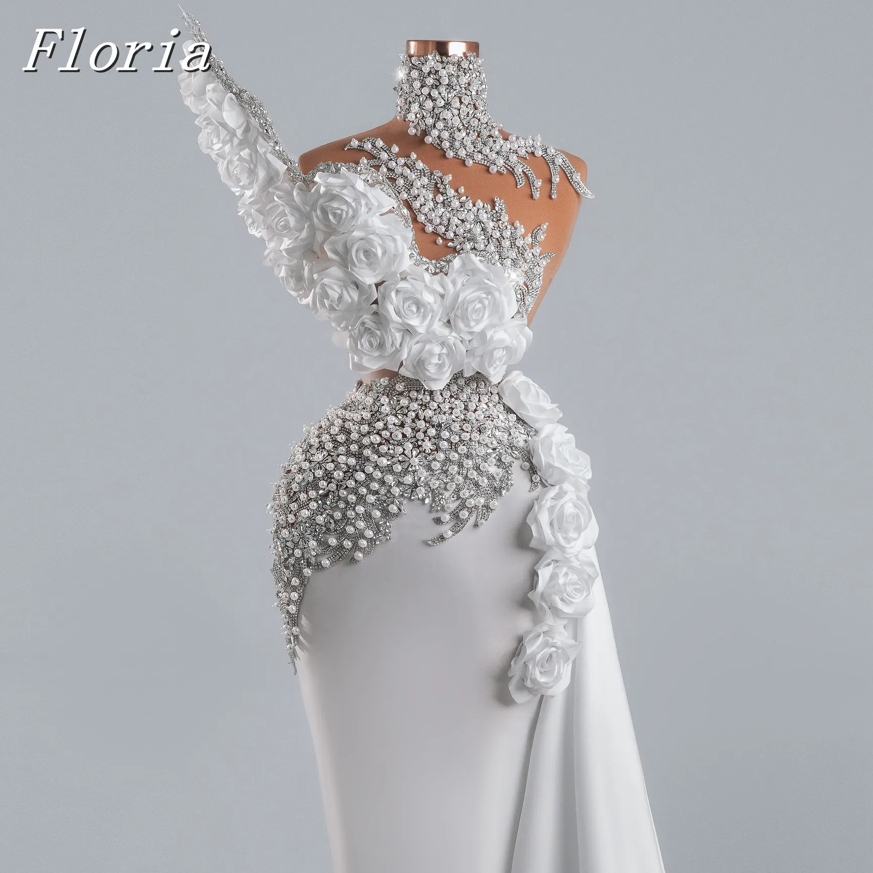 

Элегантное атласное платье макси со стразами и бусинами для красной ковровой дорожки знаменитостей, парик с розами, платье русалки длиной до пола с 3D цветком на 2025 год