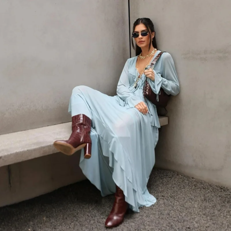 

Fashion Women's Ruffle Shirts Skirts Set Long Sleeve V-Neck Loose Lady Set 2025 Spring Summer Elegant Female Beach Vacation