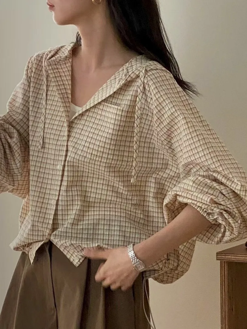 Rétro Plaid à capuche irt Jaet femmes coréen Sle début automne nouveau Cardigan ouvert irt Ele simple bouton Long Sve haut
