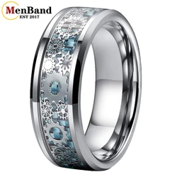 MenBand Unique 6/8mm Tungsten Carbide Rings Wedding Band Gear Wheel Blue Carbon Fiber Inlay Fashion Jewelry Comfort Fit