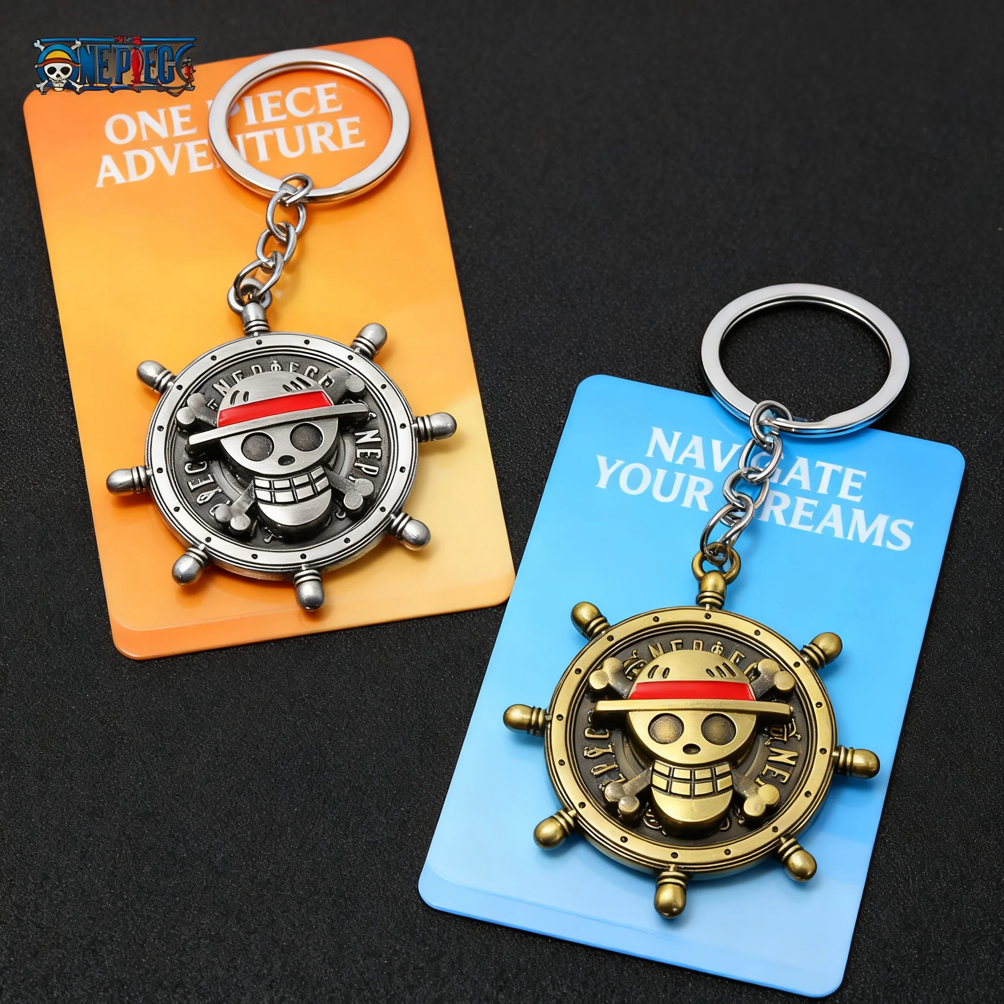 Llavero de Anime One Piece, Colgante Giratorio de Calavera de Luffy y los Piratas del Sombrero de Paja, Anillo de Llaves de Metal con Brújula Vintage para Llaves de Coche, Regalos, Cosplay