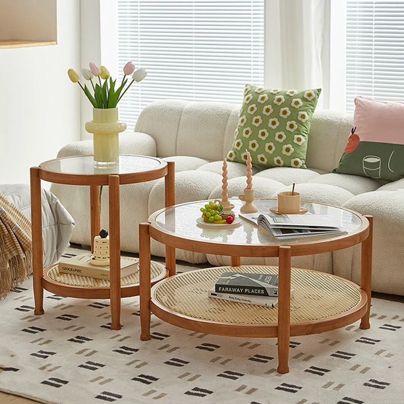 Mesa de café tecida Rattan de madeira maciça, Mesa lateral da sala de estar, Mesa de vidro redonda japonesa