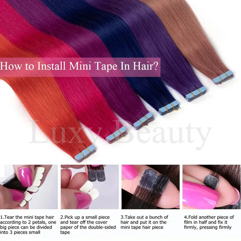 Extensiones de cabello humano en cintas mini de colores rosa, invisibles y sin costuras, 10 piezas en rojo, verde, morado y azul 6