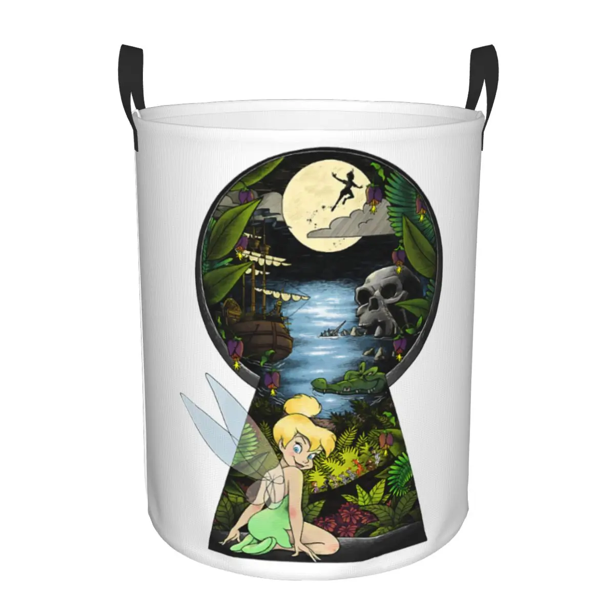 

Custom Peter Pan Tinker Bell Keyhole Laundry Basket Foldable Clothes Hamper for Baby Kids Toys Storage Bin