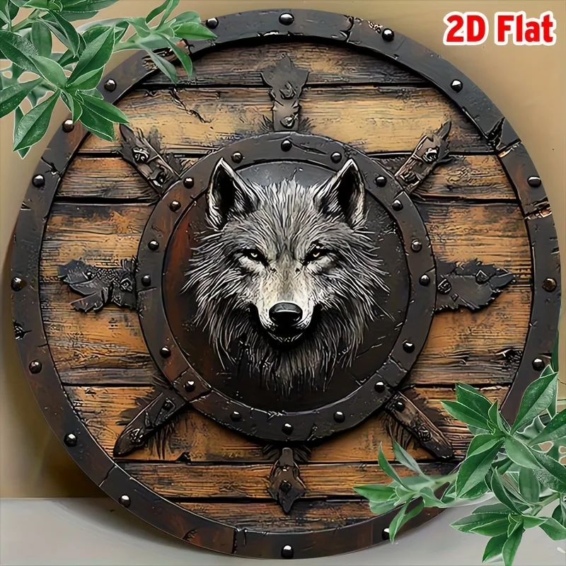 2D Plane - Circular wooden sign, Viking wolf shield design. Suitable for home, bar, and café decoration.