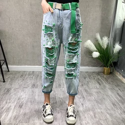 Women's Thin Denim Jeans with Large Hole Bead Decorations Versatile Slimming Nine-Piece Loose High Waist Harlan Pants