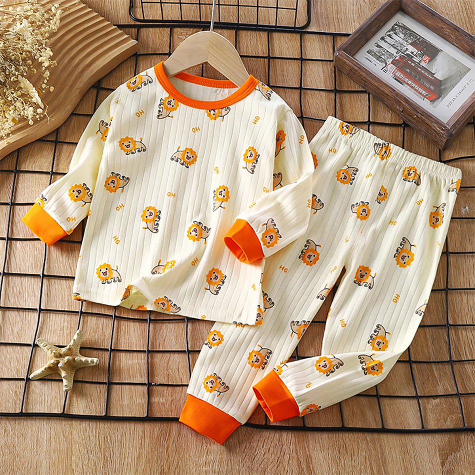 Kids Unisex Cotoon Jacquard Pajama Sets Soft Breathable Cute Cartoon Designed for Comfortable Evenings Sleep and Style in Autumn