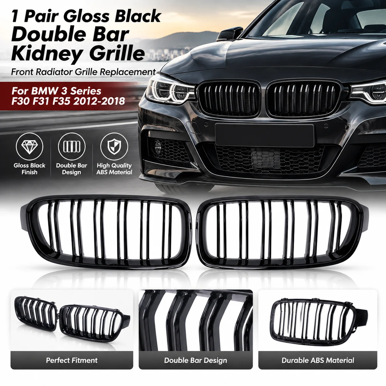1 paio di griglie a doppia barra nere lucide per radiatore anteriore, ricambio racing per BMW Serie 3 F30 F31 F35 2012‑2018 316 318 320 330 335 340