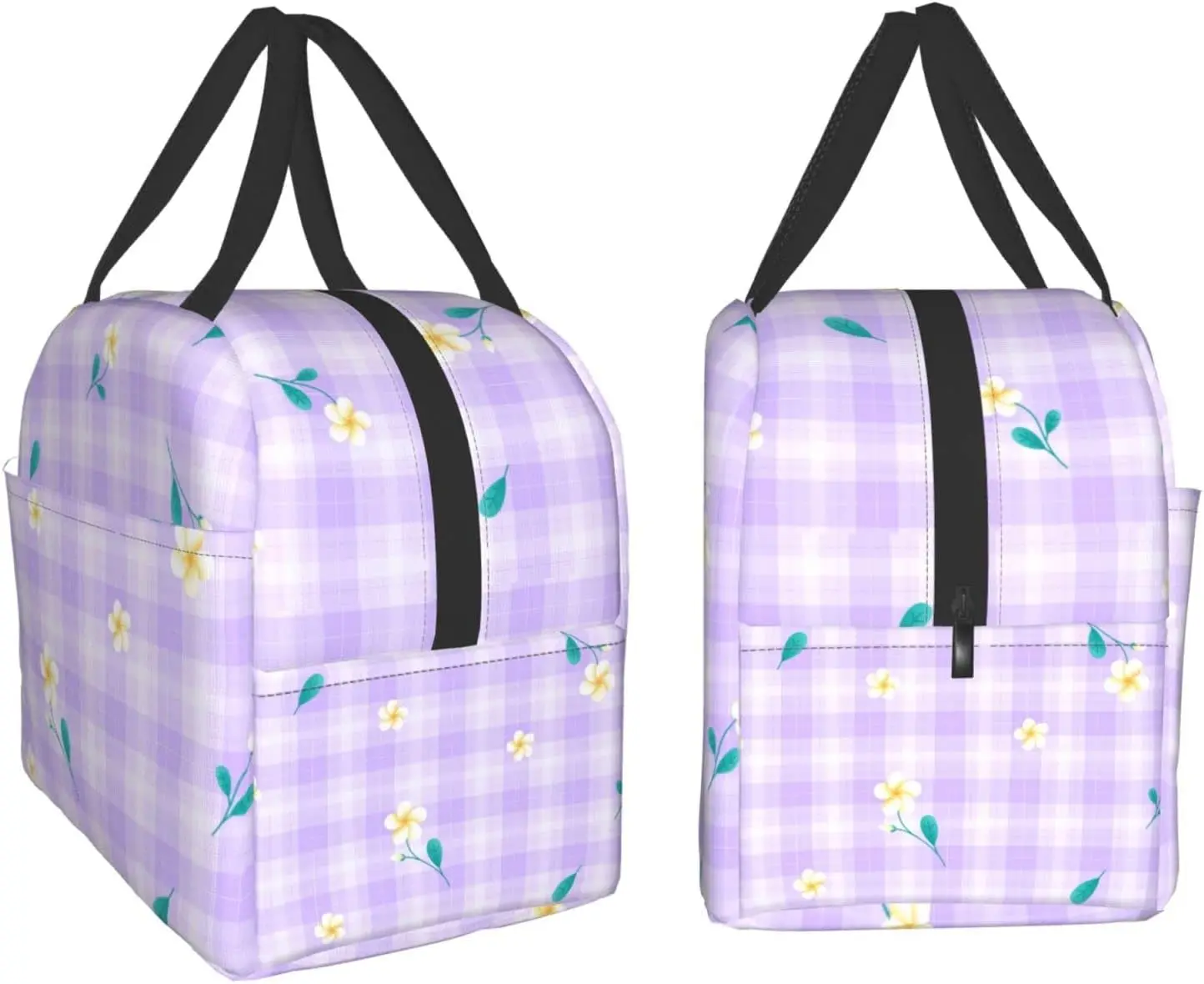 Purple Lilac Violet Flower On Purple Plaid Lunch Box Bento Box Insulated Lunch Boxes Reusable Waterproof Lunch Bag With Front