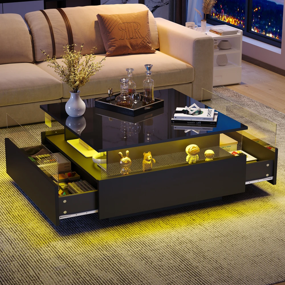 70 x 70 x 41 cm großer moderner Hochglanz-LED-Couchtisch mit 2 Schubladen und transparentem Präsentationsbereich, belastbar bis zu 30 kg – Detail 6
