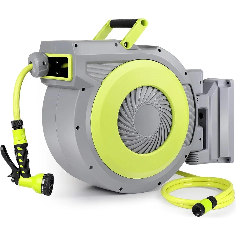 Retractable Hose Reel Wall Mounted Heavy Duty Water Hose Reel 32m, with 9 Pattern Hose Nozzle Any Length Lock,180°Swivel Bracket