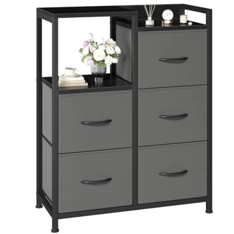 

Тумба под телевизор для спальни с 5 ящиками, комод с 5 выдвижными ящиками и приподнятой полкой, стеллаж для хранения с тканевыми корзинами для организации пространства в шкафу