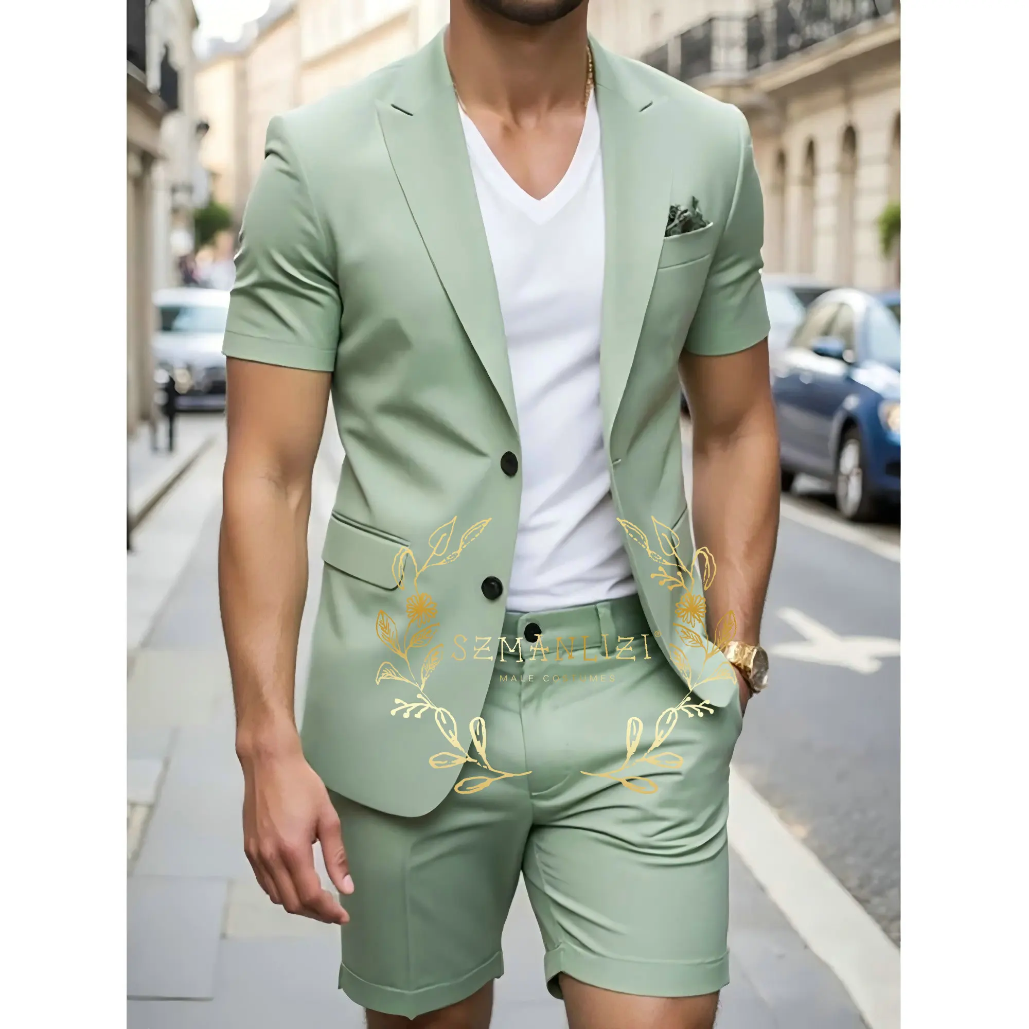 

Fashion 2 Piece Light Green Summer Men Suits for Wedding Groom Tuxedos Casual Beach Short Sleeves Man Suit Set Jacket Pants