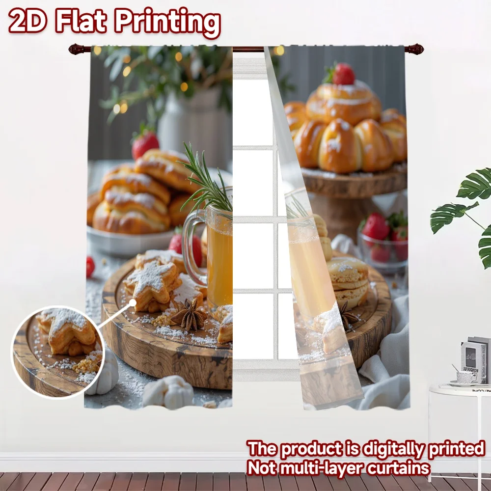 2D flat 2pcs Curtain Home Short Curtains Festive Tea and Pastries Digitally printed polyester, colorfast Festive Wall Decor