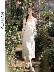 ALXNAN Abiti eleganti francesi per le donne 2024 Primavera Estate Moda Vestito estivo Solido drappeggiato Slip Orlo diviso Abito lungo Cami L33371