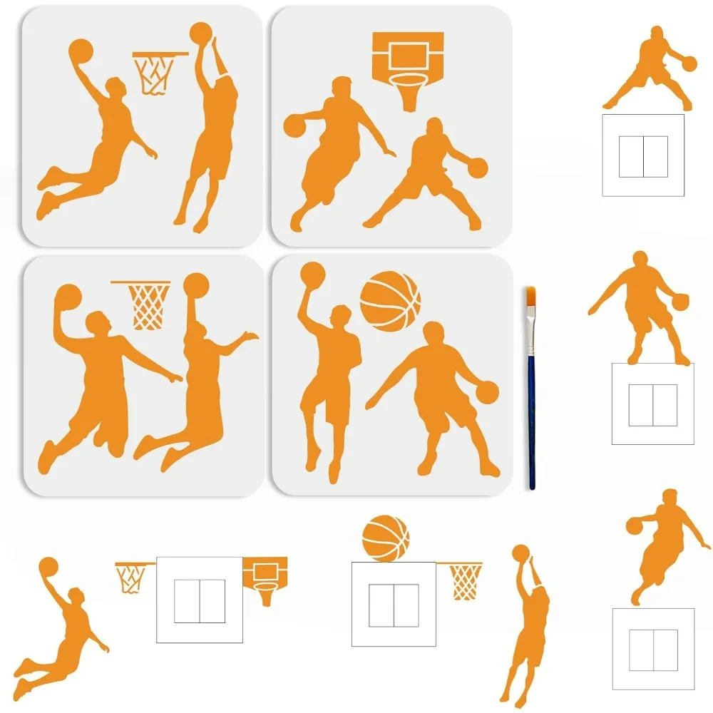 4pcs Basketball Player Stencils 7.8×7.8inch Basketball Stencils with Paint Brush Shooting Dribbling Basketball Theme Template