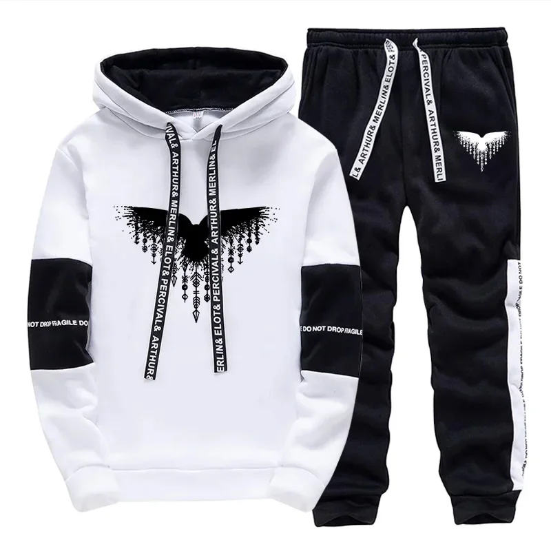 

Mens Raven Print Hooded Tracksuit 2025 Trendy Winter Autumn Jogging Outfit Casual Athletic Sportswear Sweatpants Men's Hoodies