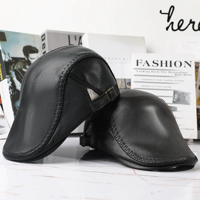 

X7052 Adult Genuine Leather Hat Fashionable Cap Adjustable Outdoor Leisure Sheepskin Beret Cap Men's Natural Skin Beret Cap