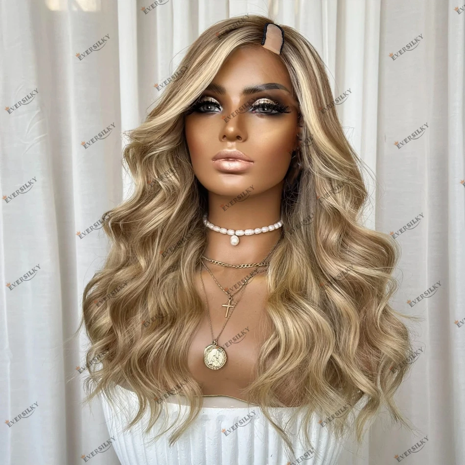 Cabello humano brasileño Remy Rubio Balayage cuerpo ondulado cabello humano peluca con parte en U peluca con parte lateral izquierda/derecha para mujeres negras pelucas con parte en V