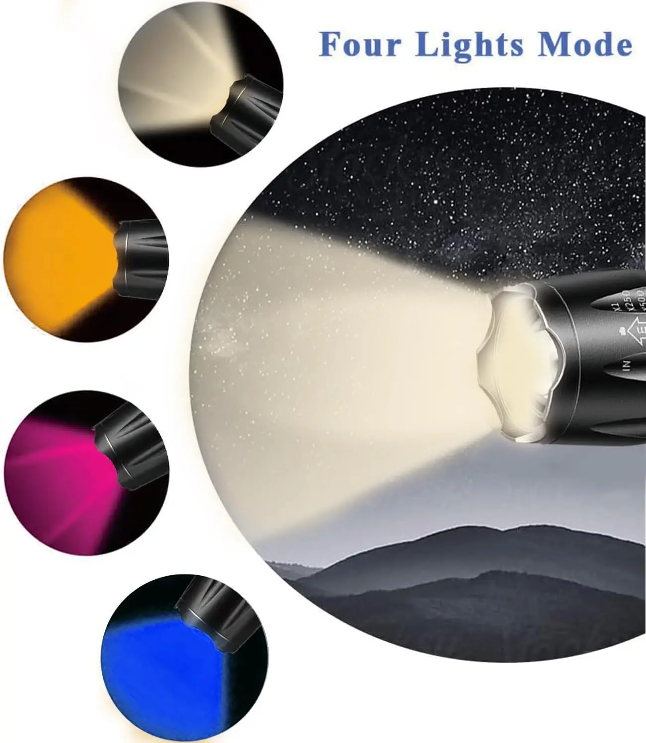 Multifunctional 4 In 1 Super Bright LED Flashlight 4 Lights Color Pink Blue Yellow Amber 2000LM USB Rechargeable Torch