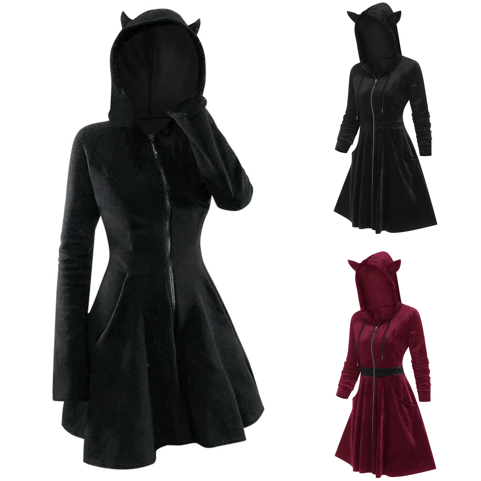 

Gothic Hooded Dresses Halloween Renaissance Medieval Zip Up Long Sleeve Dress Vestido Punk Cosplay Victorian Dress Harajuku