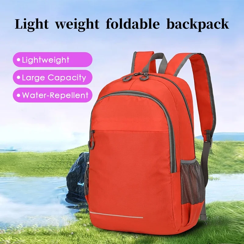 حقيبة ظهر مريحة قابلة للطي للاستخدام الخارجي، حقيبة ظهر للسفر متعددة الطبقات متعددة الجيوب، طاردة للماء، تصميم عاكس، حقيبة تخزين بسيطة