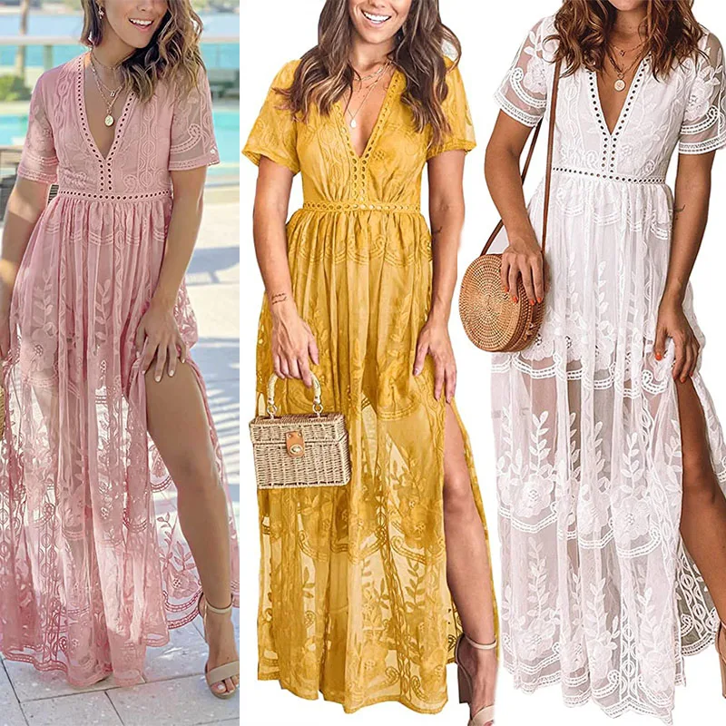 2024Summer Sexy Fashion Lace Dress Split Holiday Dress