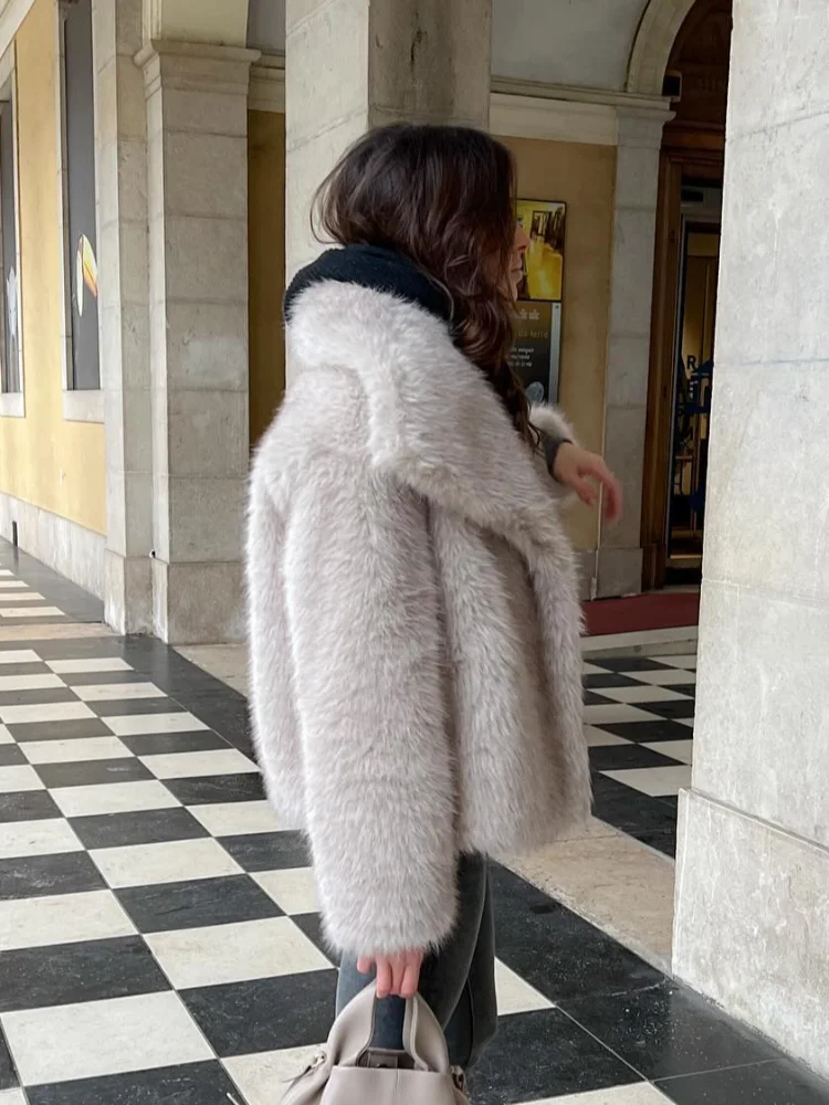 Women Fashion Faux Fur Jacket Vintage Luxury Turn-down Collar Long Sleeve Coat 2024 Autumn Winter Woman Thick Warm Outwears