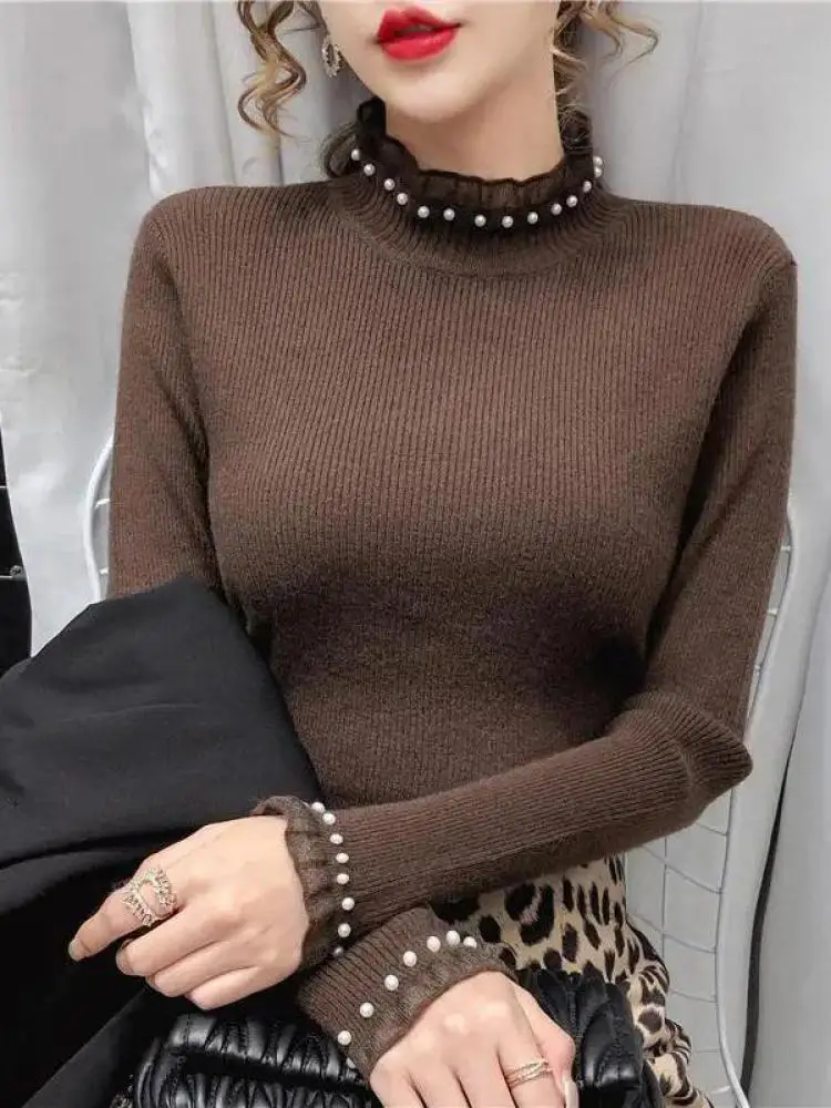 Autumn Winter Mock Neck Women Sweater Vintage Basic Solid Beading Korean Tops Casual Slim Pullover Sweaters Simple Chic Jumpers