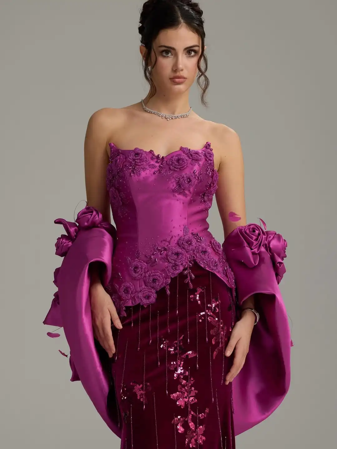 

Elegant Romantic Trend Mermaid Strapless 3D Rose Appliqué Tassel Sequins Satin Velvet Evening Prom Formal Party Dress