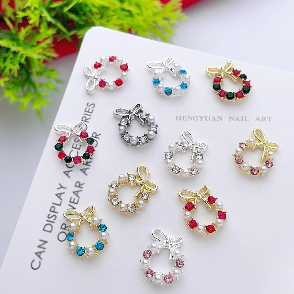 Christmas Wreath Nail Charms 3D Luxury Pink Bow Pearl Diamond Gold Silver Alloy Nails 3D Decorations Jewelry for Manicure Design