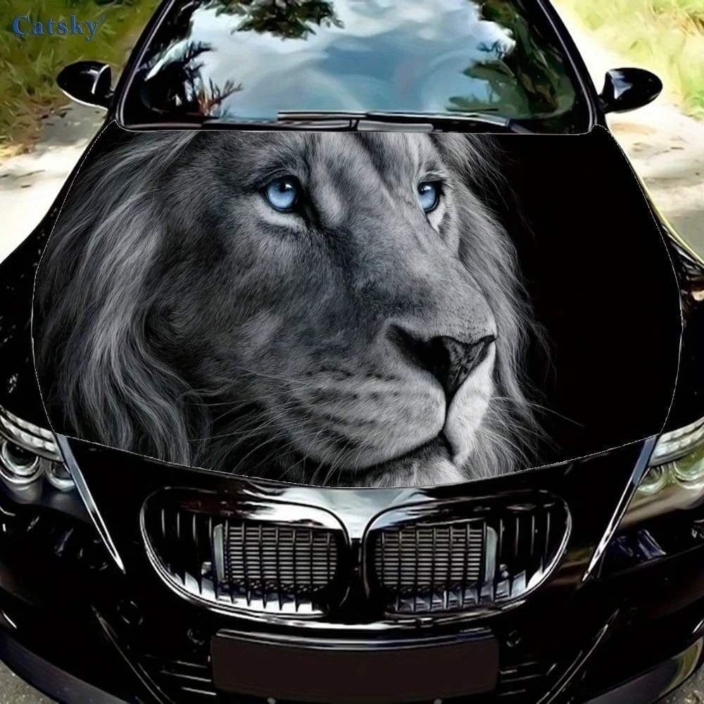 La contemplation du lion gris Emballage de capot de voiture - Garniture de voiture premium, durable et imperméable, Exteriors de voiture personnalisés, An