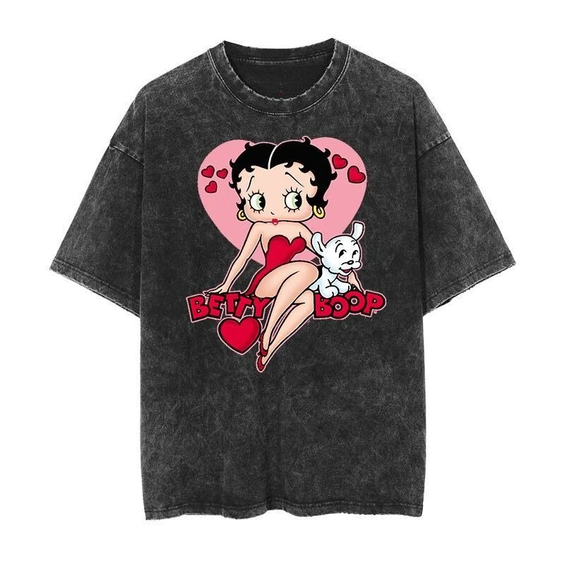 

2025 New Hot Fashion BANDAI Summer Betty Boop Cartoon Vintag Men's and Women's Old Print Washed Short Sleeve T-Shirt