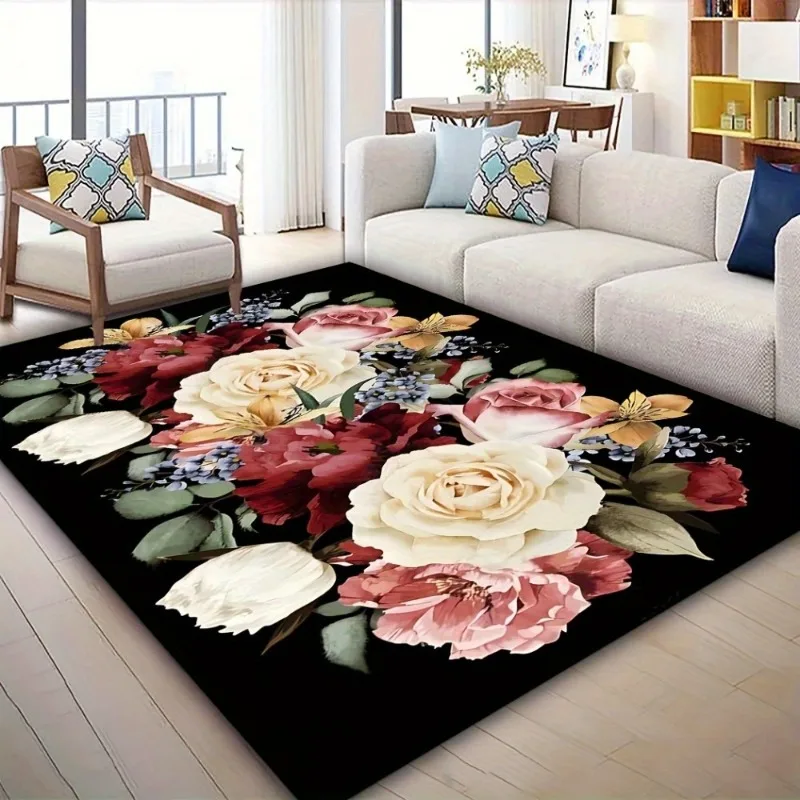 

Romantic Rose Pattern Valentine's Day Rug Themed Throw Carpet Chic Flower Print Floating Window Cushion Anti-fatigue for Home