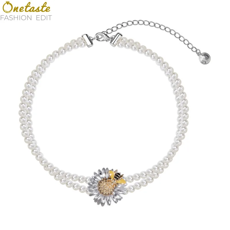 

Duo Layer Pearl Beaded Chain Sunflower Charm Choker Necklace For Women Girl Fashion Delicate Chunky Unique Necklaces Party Gift