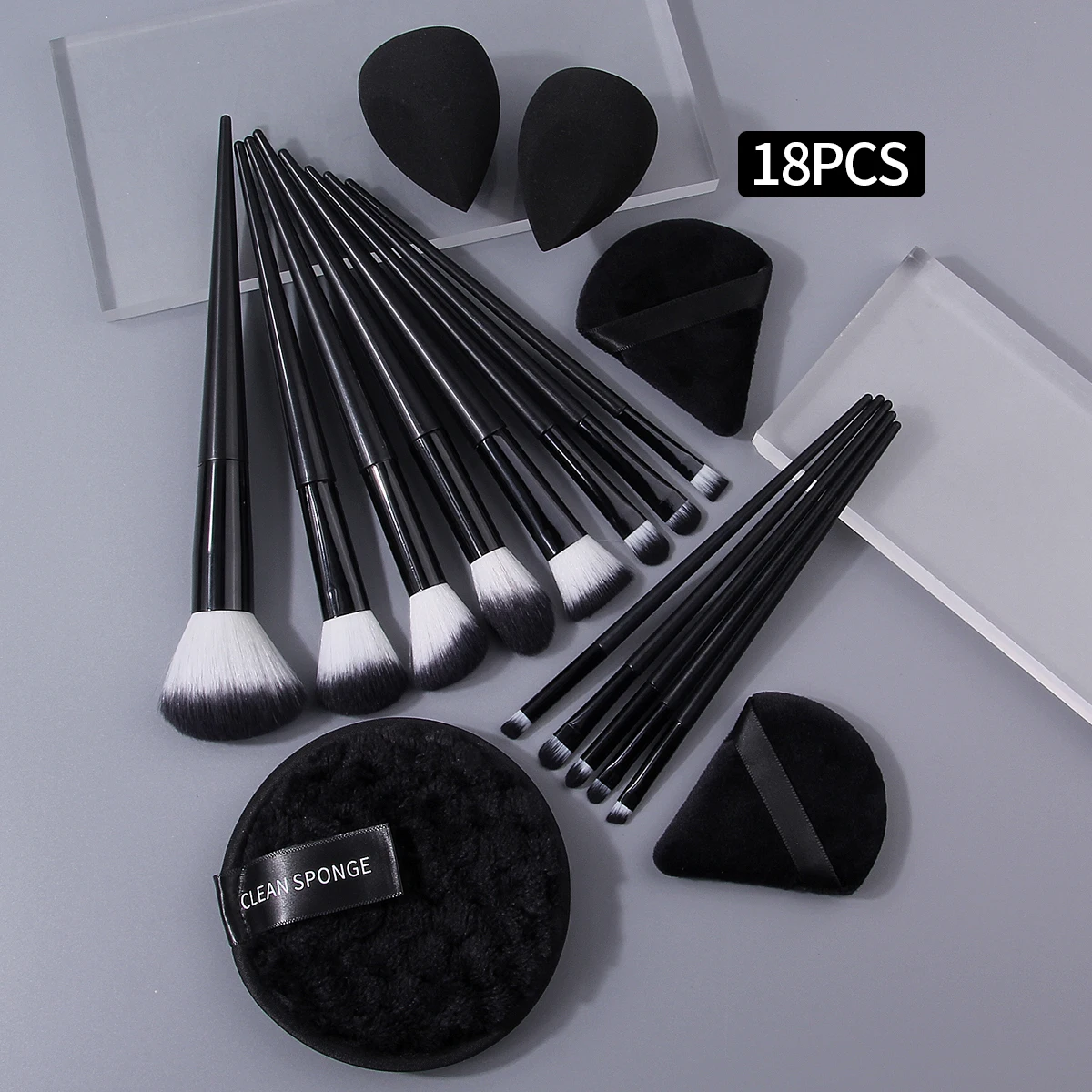 18 個の多目的フェイシャルメイクブラシセット + ソフトメイクスポンジエッグ三角パウダーパフ + ラウンドクレンジングパウダーパフ