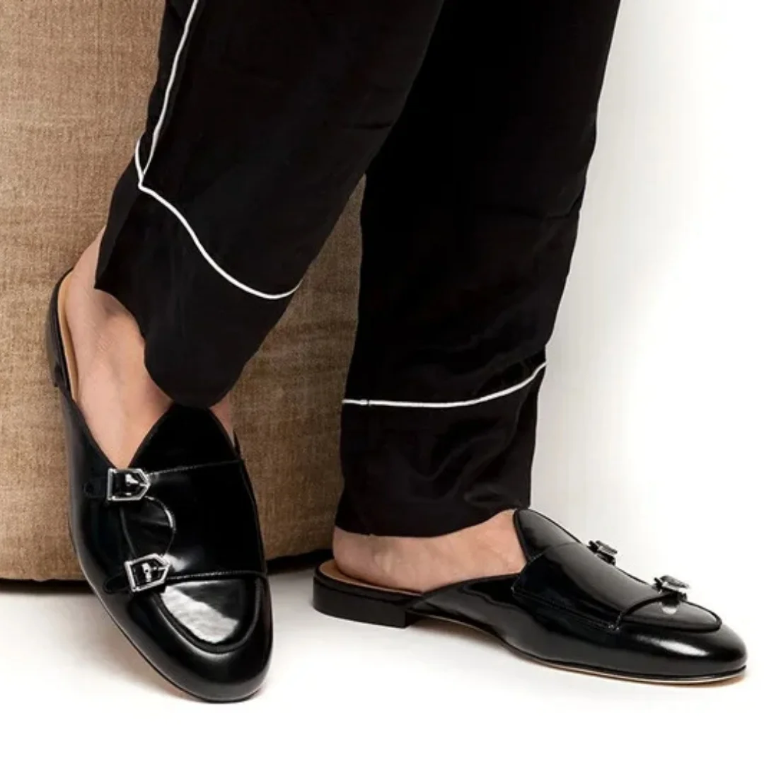 SHOOEGLE Men Fashion Black Blue Buckle Mule Shoes Slip-on Loafers Slippers Comfortable Outdoor Casual Luxury Handmade Shoes