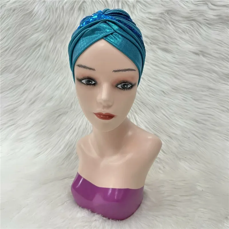 Latest Shinning Sequins Turban Cap for Women Ready Female Head Wraps African Auto Geles Aso Oke Headtie Already Made Headties 9L