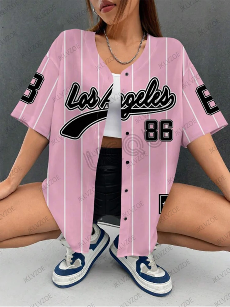 2025 Summer New Retro Pink Los Angeles 86 Printed Blouse Women Streetwear Baseball Shirt Hip Hop Short Sleeve Button Up Tops