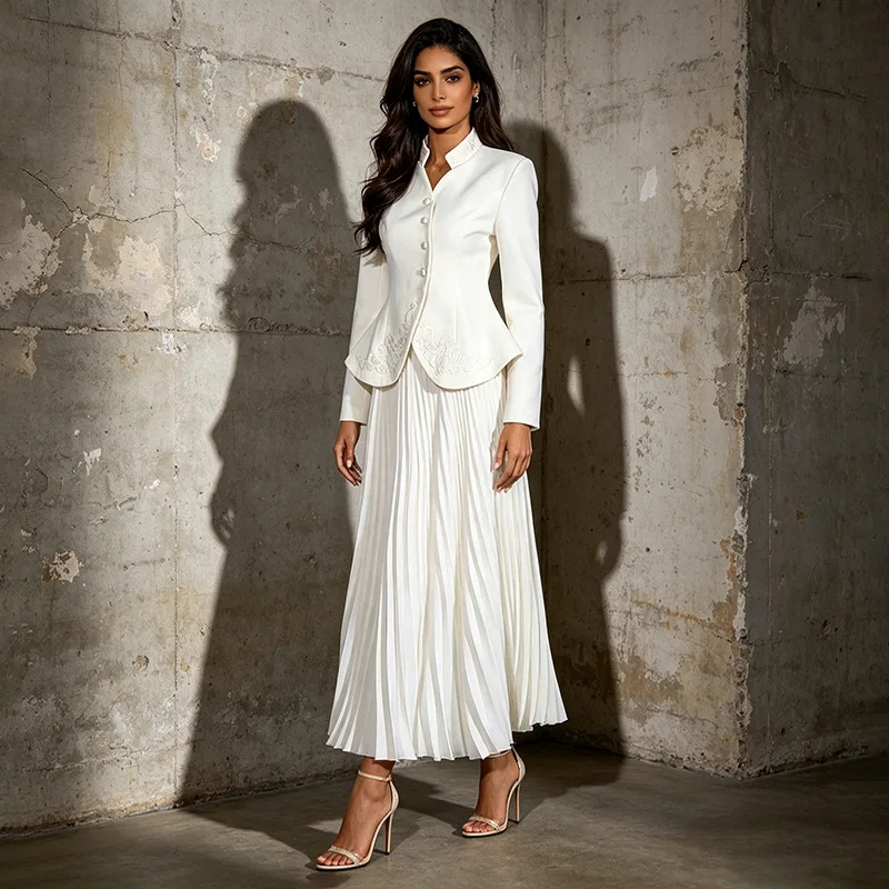 ZAMOR HIGH QUALITY French Elegant 2026 3D Embroidery Design Jacket and High-Waist Pleated Skirt Set