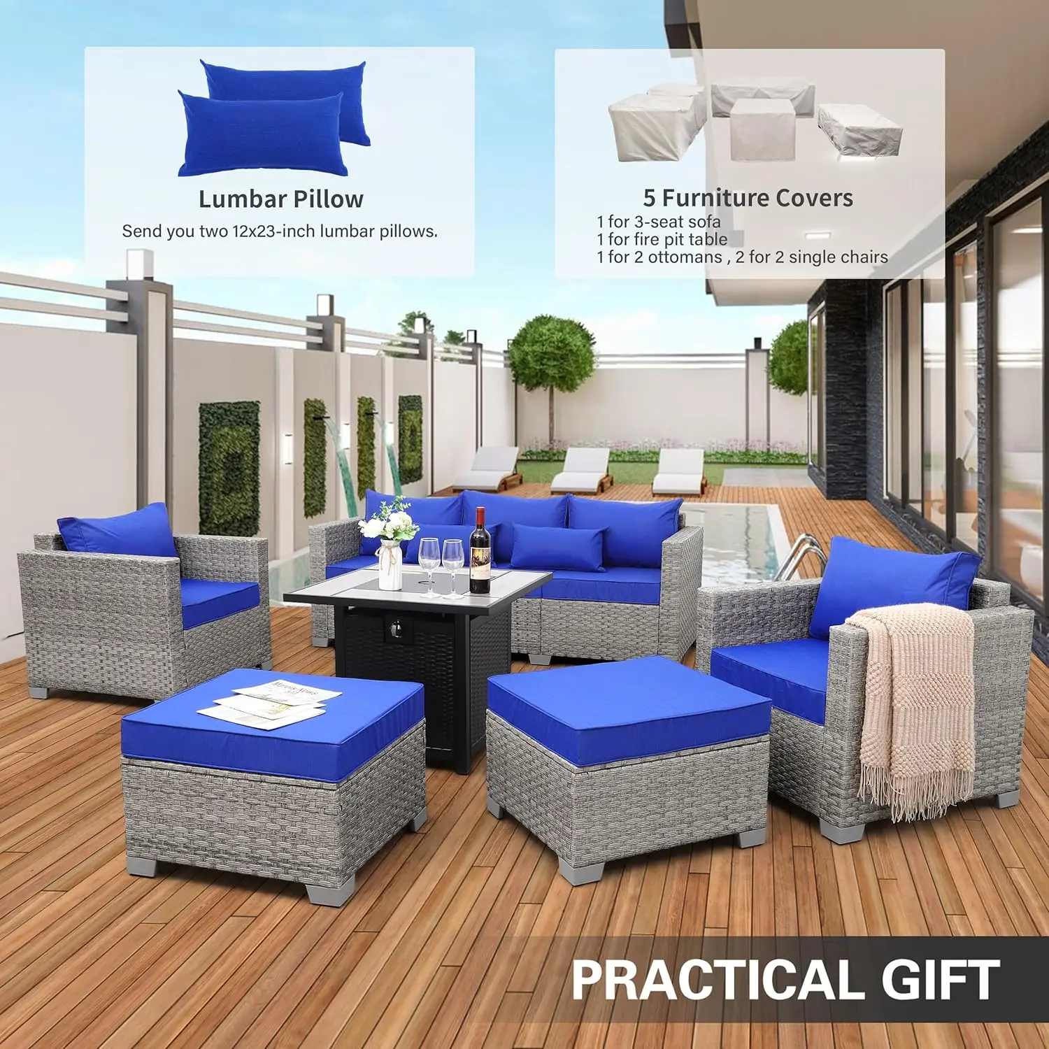 Outdoor Wicker Patio Furniture Set, PE Rattan Sofá Sofá com mesa, Varanda Móveis, Grey Set, 6 Pcs