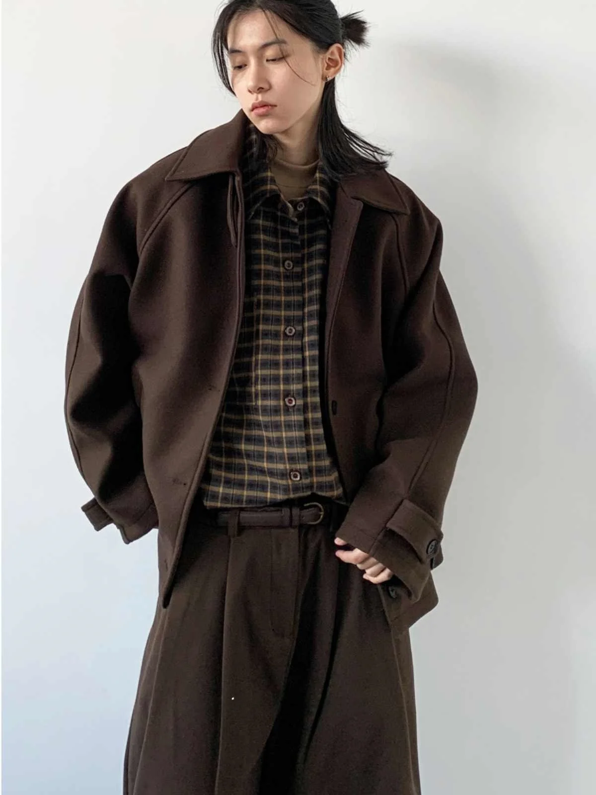 

Ретро-пальто из шерсти кофейного цвета с вставками на плечах, свободного кроя, повседневное, для мужчин и женщин, осенне-зимняя мода