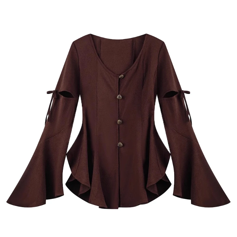 

Y2k Harajuku Vintage Blouses Hollow Out Bow Irregular Design Shirts Solid Color V Neck Flare Sleeve Tops 2025 Women's Clothing