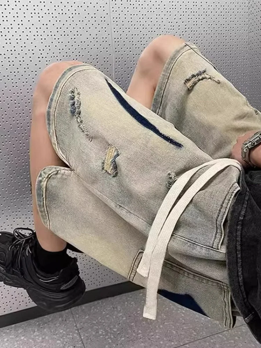 

Large Size 300 Pou Yellow Clay Dyed Hole Denim orts Men's Summer Vintage Sports Casual Five-Point Pants Trendy High Wais...