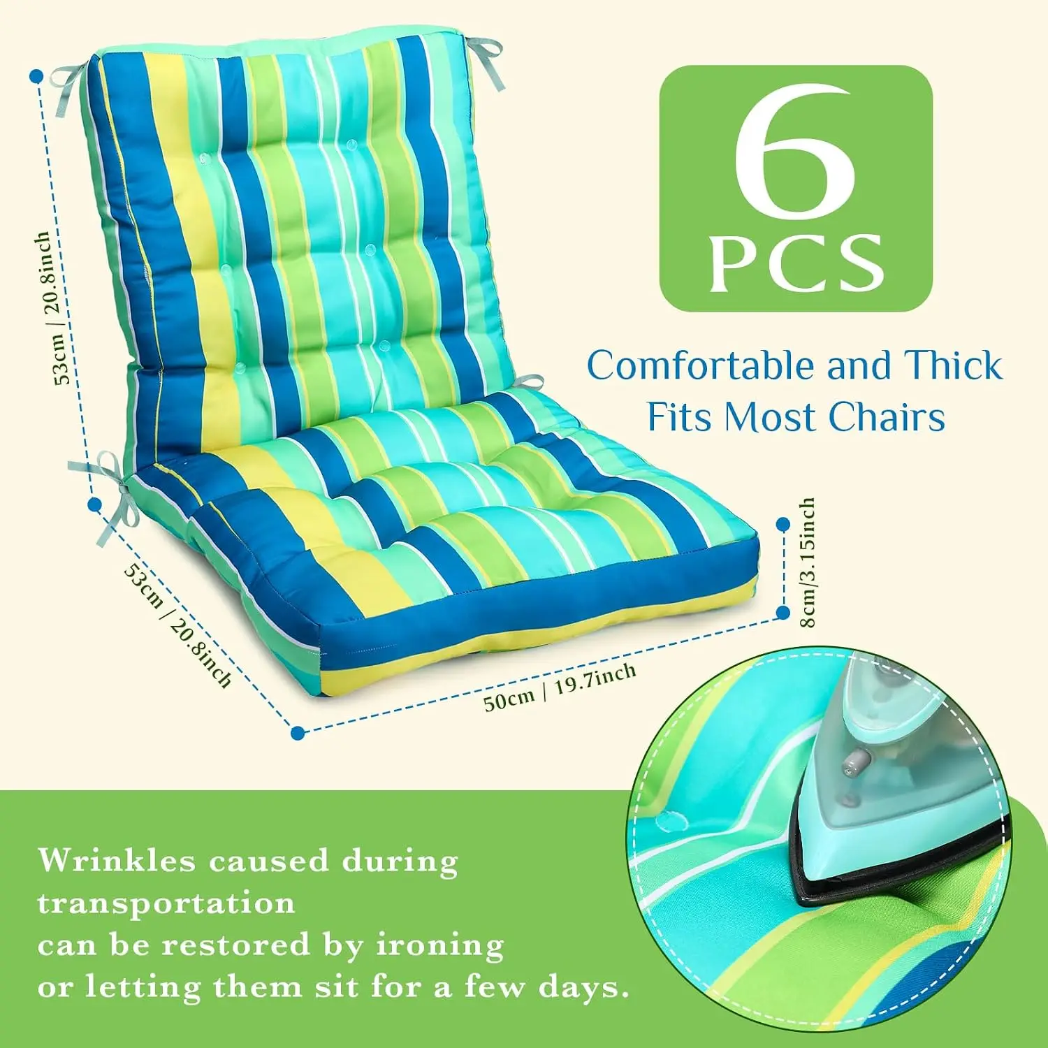 Green Striped 41.7x19.7 In 6 Pack High Back Patio Chair Cushions Water Resistant 3.9 In Thick One-Piece Rocker Cushion Set with Ties Elastic Strap Outdoor