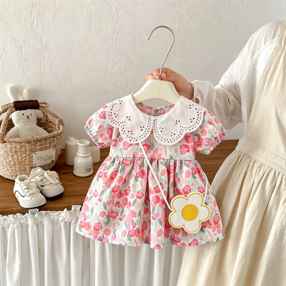 Girls' Dress Summer Flower Lapel Cute Baby Girl Dress Beach Sweet Baby Dress Baby Girl Clothing ﻿
