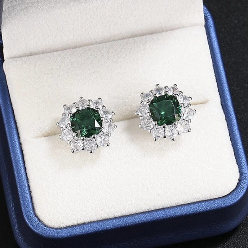 Exquisite Authentic 925 Sterling Silver Oval Flower Shiny Green Zircon Earrings for Women Classic Wedding Engagement Jewelry