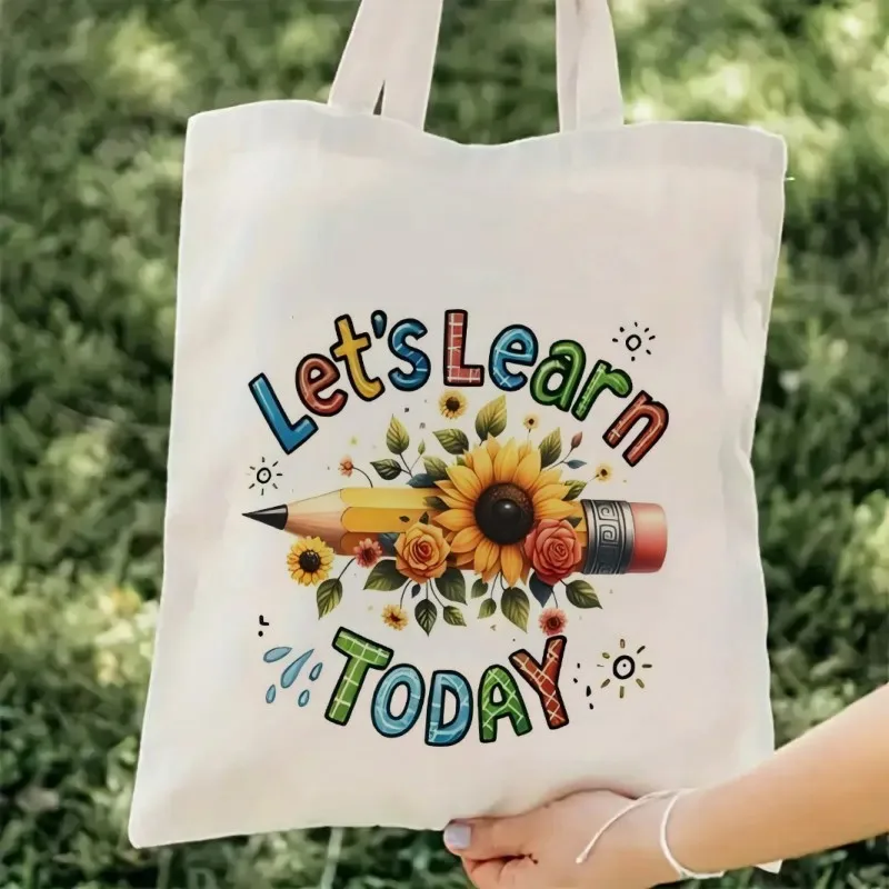 

Teacher Boho Flowers Printed Canvas Tote Bag Large Capacity Shopping Bags Cosmetic Bag Shoulder Handbag Eco Girl Handbags